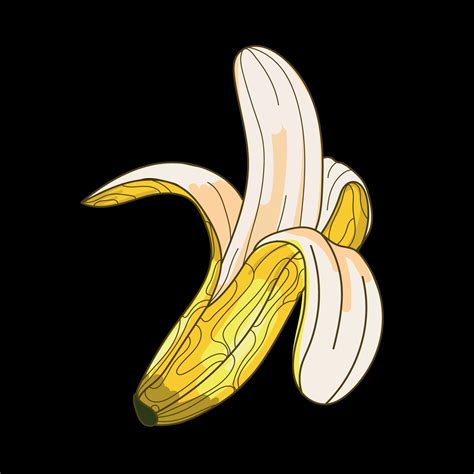 Open banana abstract art drawing on a black background. Half peeled ...