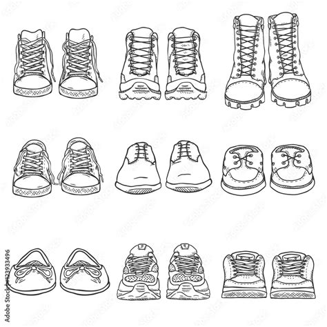 Vector Set of Sketch Shoes Items. Front View Collection Stock Vector ...