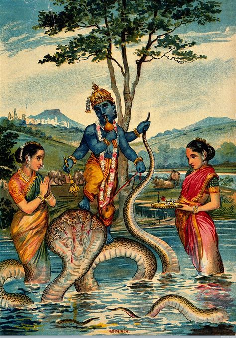 The child Krishna subdues the snake Kaliya in water with Kaliya's two ...