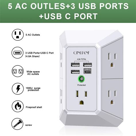 USB Wall Charger, Surge Protector, QINLIANF 5 Outlet Extender with 4 ...