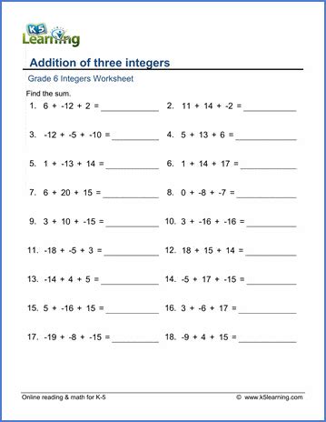 Grade 6 Integers Worksheets - free & printable | K5 Learning