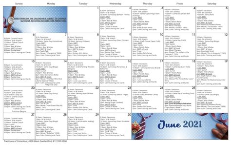 June Memory Care Calendar | Columbus Traditions