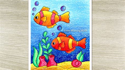 Simple Underwater Scenery Drawing with oil pastel, Fish Aquarium Drawing