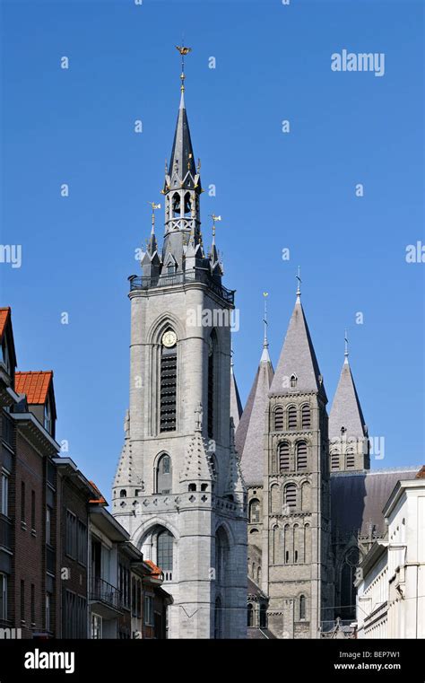 Belfry and the Our Lady of Flanders' Cathedral of Tournai, Belgium ...