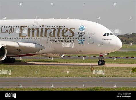 Emirates Airbus A380 double-decker passenger plane taxiing on Stock ...