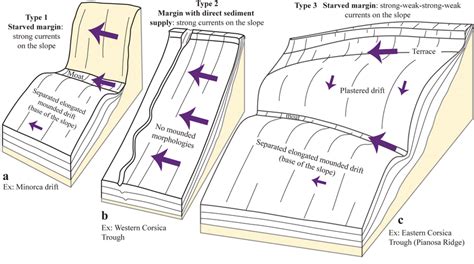 3D schematics showing three different types of continental slopes: (a ...