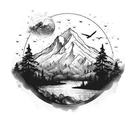 Premium AI Image | Mountain landscape in a round frame Hand drawn ...