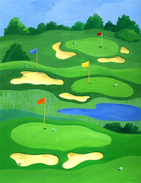 a painting of a green golf course with yellow flags and water on the ...