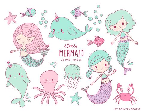 Mermaid Clipart. Cute Mermaids and Sea Creatures Hand Drawn - Etsy