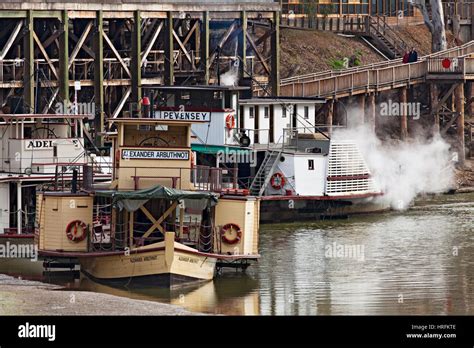 Old Paddlesteamers alongside the historic Port of Echuca Wharf,located ...