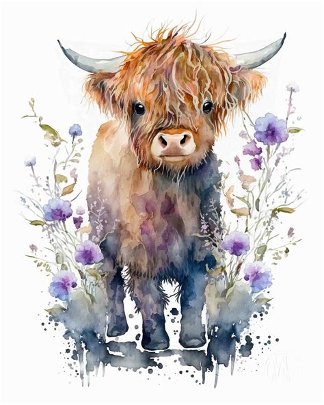 Watercolor Adorable Baby Highland Cow With Flowers, Wall Art, Digital ...