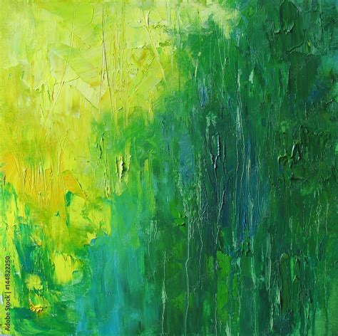 Abstract art background in green and yellow, original oil painting on ...