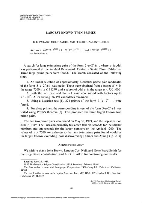 (PDF) Largest Known Twin Primes