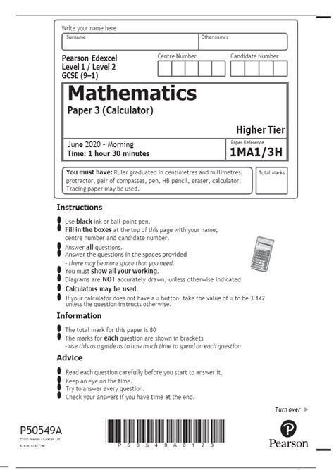 Pearson Edexcel Level 1 / Level 2 GCSE (9–1) Mathematics Paper 3 Higher ...