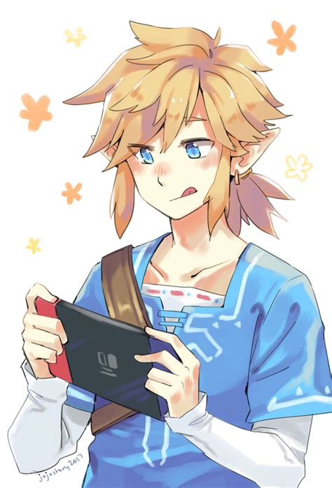 an anime character with blonde hair holding a tablet