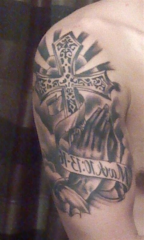 Cross and praying hands with bible verse, memorial tattoo Boy Tattoos ...