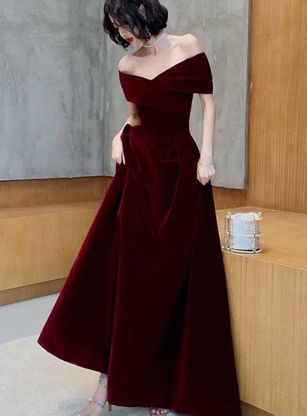 Beautiful Dark Red Velvet Off Shoulder Bridesmaid Dress, A-line Long P ...