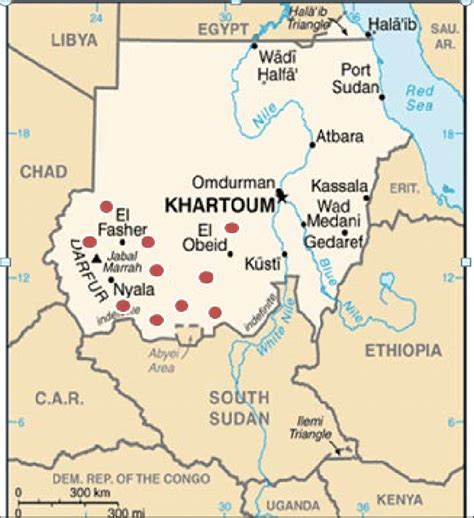 Map of Sudan. The red circles demonstrate the distribution of tribes ...