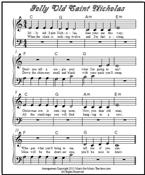 Free Print Out Sheet Music Jolly Old Saint Nicholas Piano Solo or Duet