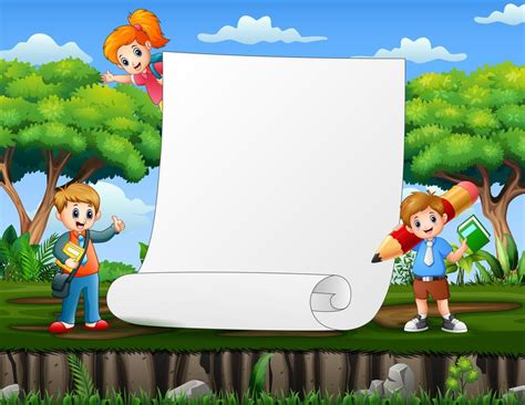 Paper template with school kids at nature background 6132878 Vector Art ...