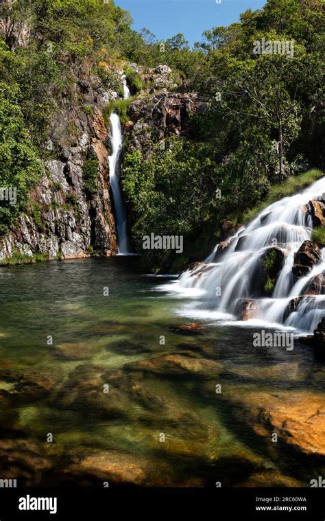 Landscape of big beautiful cerrado waterfall in the nature, Chapada dos ...