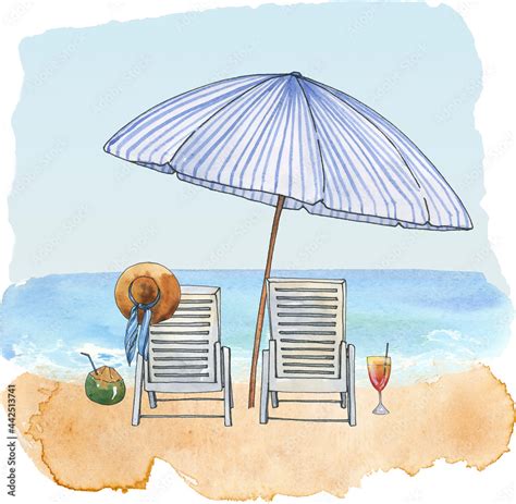 Watercolor beach clipart, People on deck chair with beach umbrella clip ...