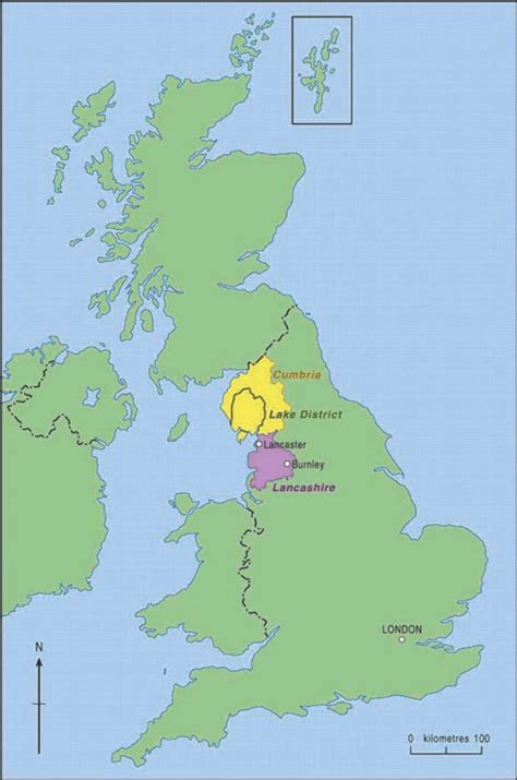 Map of the UK showing the English Lake District and counties of ...