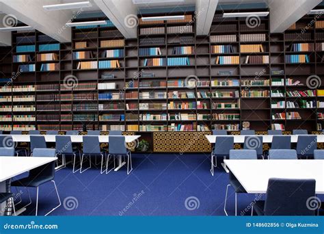 The Interior of the Library. Blue and Brown Colors. Bookcases with ...