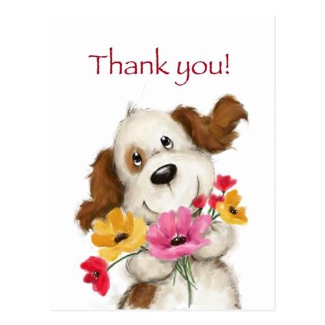 Thank you, cute dog with flowers. postcard | Zazzle | Thank you ...