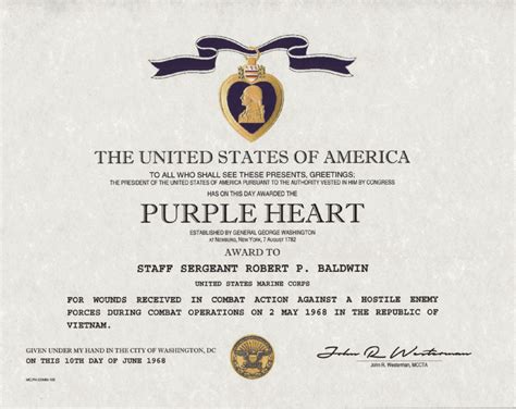 USMC Purple Heart Medal Certificate Combo