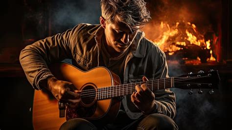 Premium AI Image | A man playing guitar by a fire with a background of ...