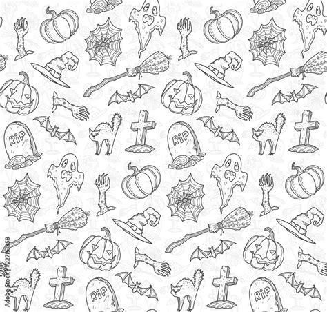 Halloween line art elements vector seamless pattern. Black and white ...