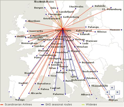 SAS Scandinavian Airlines route map - Europe from Copenhagen