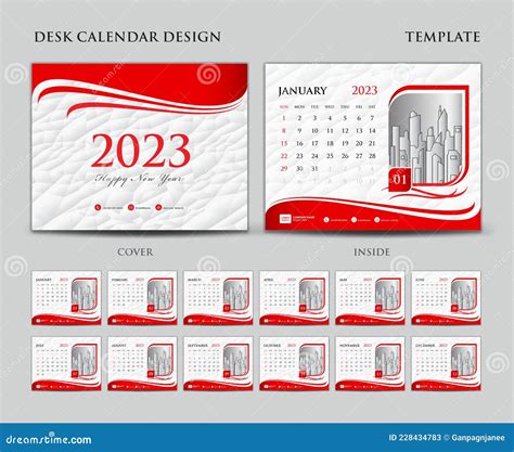 Desk Calendar 2023 Template Set, Cover Design Red, Background, Wall ...