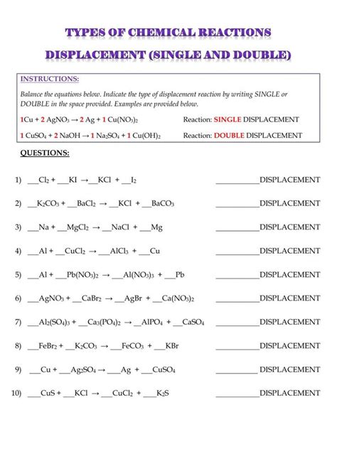 the worksheet for balancing chemical reactions is shown in this diagram ...