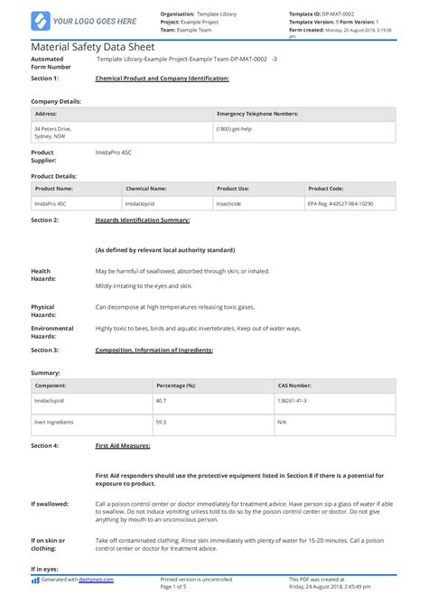 Example of Material Safety Data Sheet (MSDS) - Free and customisable