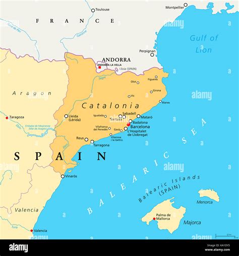 Catalonia political map with capital Barcelona, borders and important ...