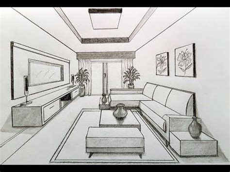 a drawing of a living room with couches and tables