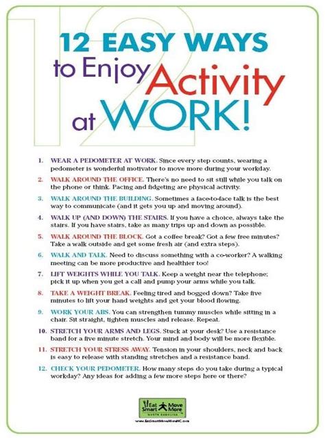 Incorporate physical activity (movement) in simple ways while at work ...