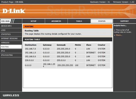 Dlink DIR-868L Screenshot RoutingTable
