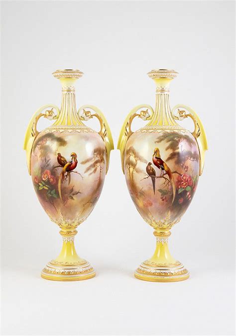 Exotic Bird and Floral Royal Worcester Vases - Royal Worcester - Ceramics