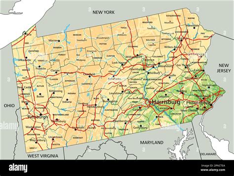 High detailed Pennsylvania physical map with labeling Stock Vector ...