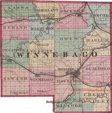 Winnebago County, Illinois 1870 Map Rockford, Rockton, Pecatonica ...