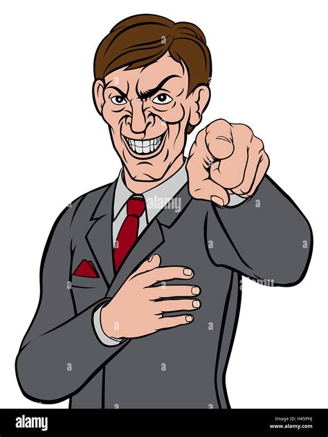 Cartoon evil looking business man in a suit and tie pointing his finger ...