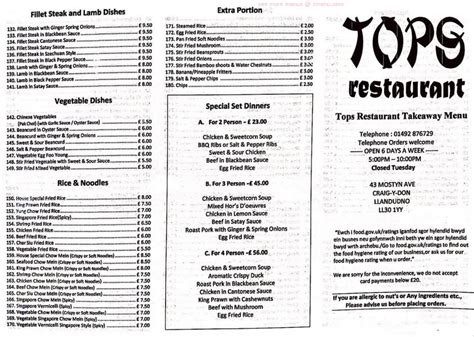 Online Menu of Tops Chinese Restaurant Restaurant, Llandudno, United ...