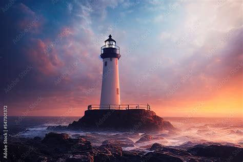 Spectacular sea landscape with lighthouse providing light during ...