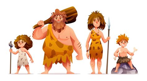 Primitive people characters. Prehistoric stone age caveman family ...