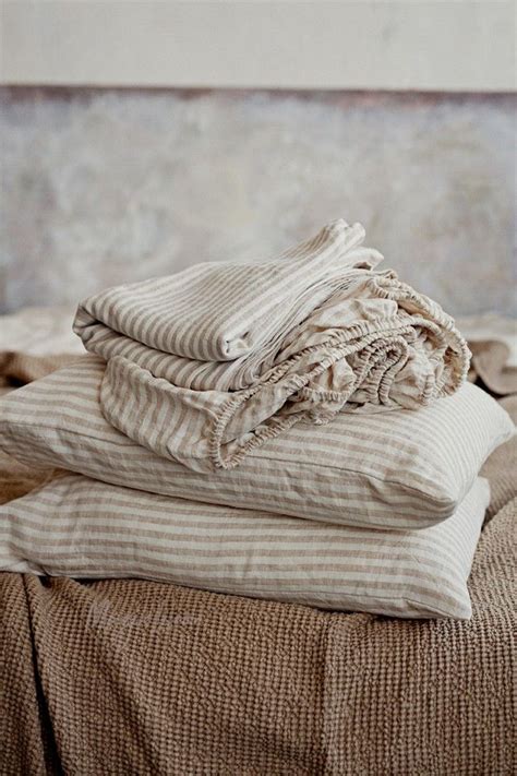 Natural Striped Linen Sheet Set in natural linen sheet set (4 pcs ...