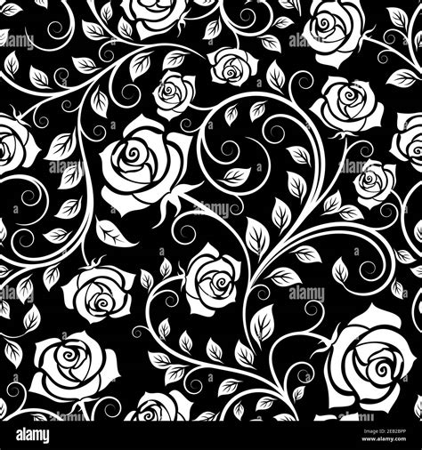 Seamless pattern of vintage white roses among twisted stems on black ...