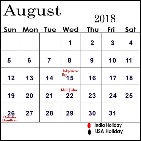 August 2018 Calendar Printable Holidays, August 2018 Calendar Wallpaper ...